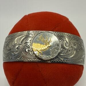 German Silver Western Americana Engraved Cuff Bracelet Gold Elk Motif